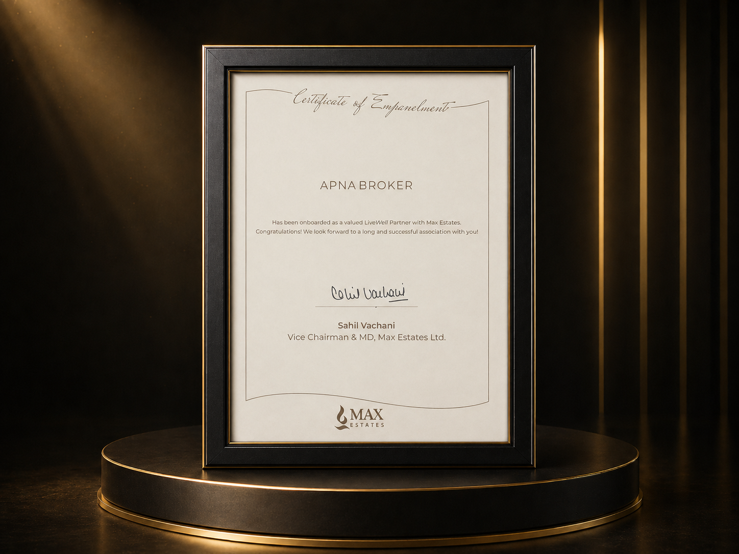 Max Estates Certificate of Empanelment