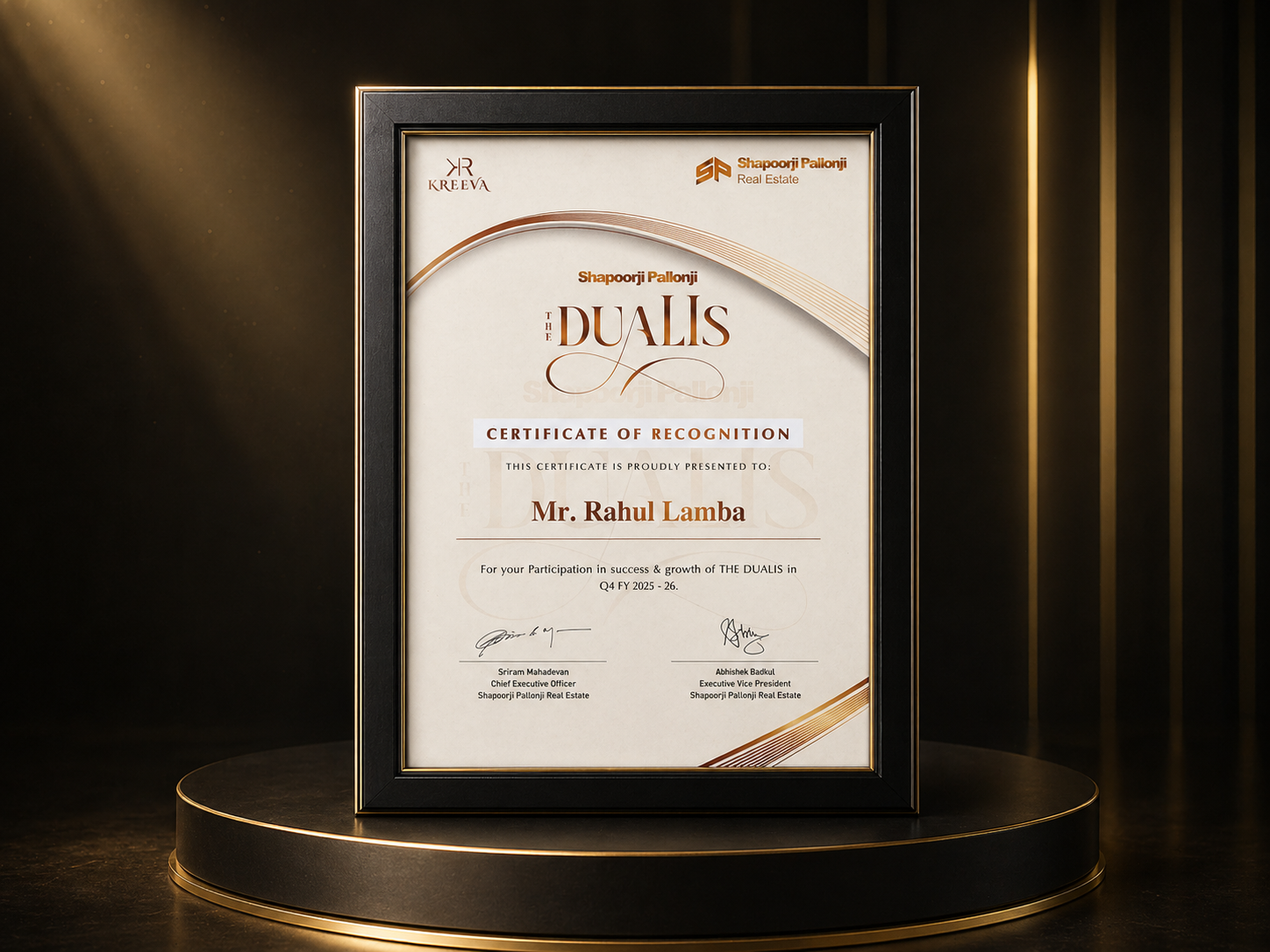 Shapoorji Pallonji The Dualis Certificate of Recognition