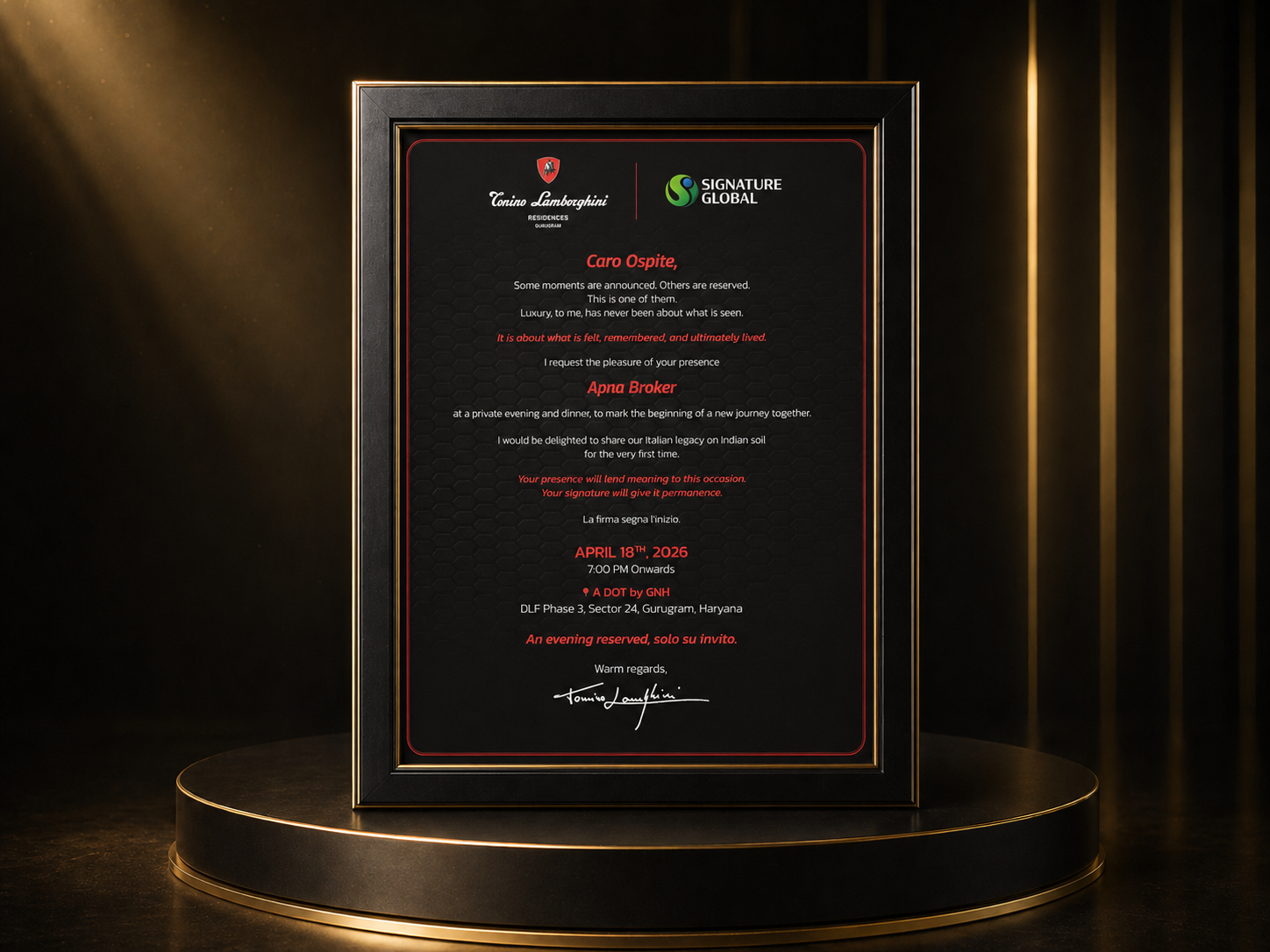 Tonino Lamborghini Signature Global Invitation Plaque