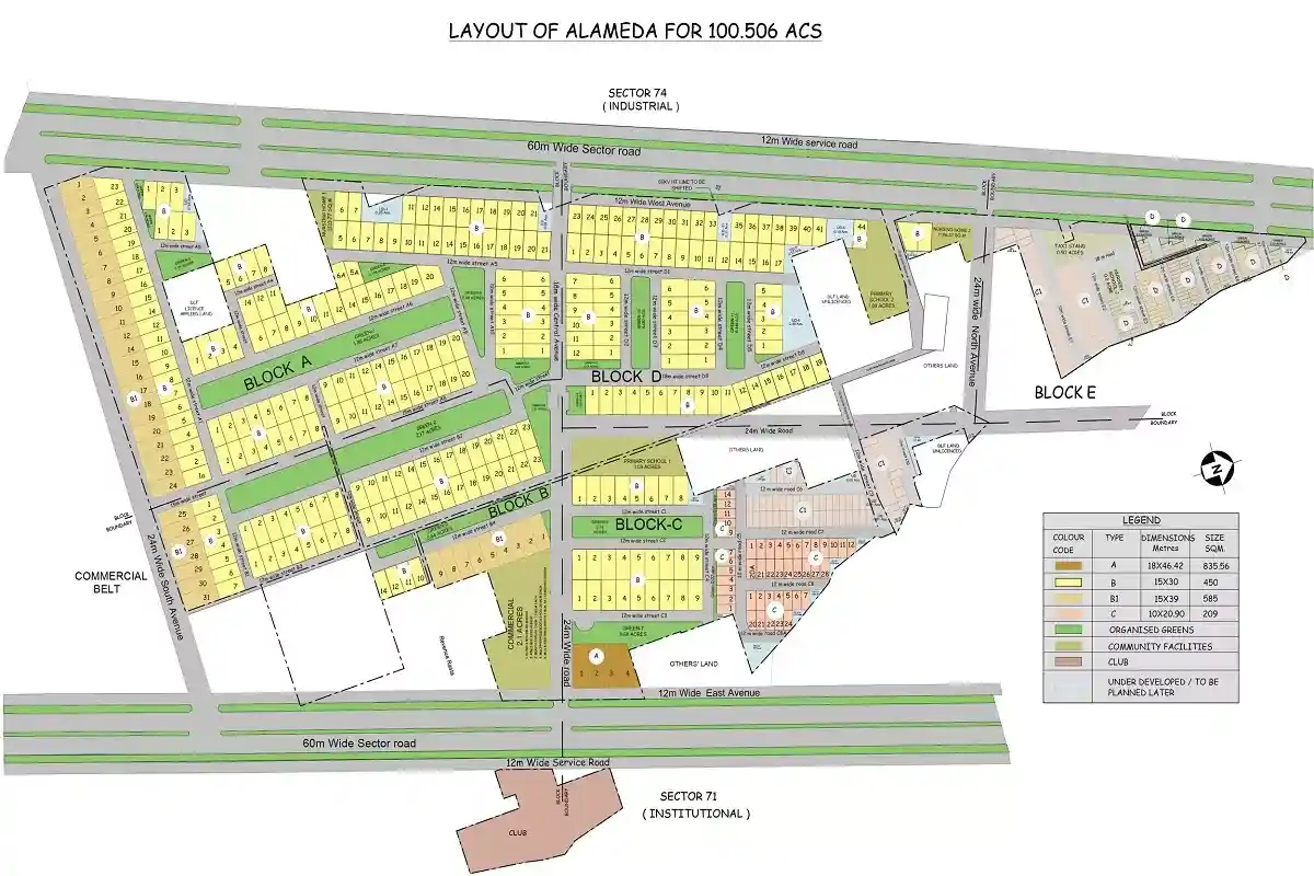 Master Plan of DLF Alameda Central Sector 73 Gurgaon showing premium SCO plot layout and commercial development.