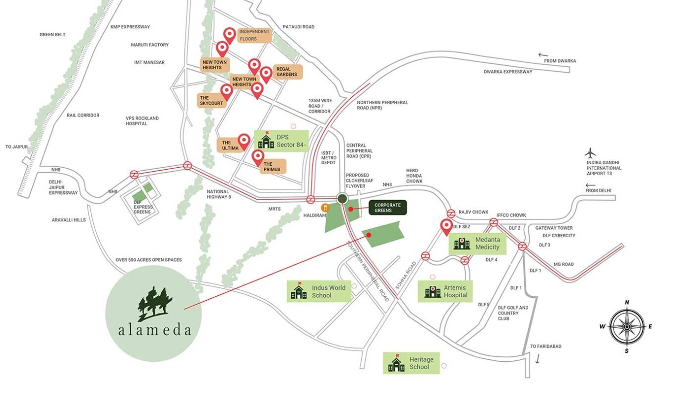 Location map of DLF Alameda Central Sector 73 Gurgaon near SPR Road, Golf Course Extension Road and NH-48.